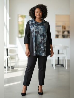 Claire France 14+, Plus Size 4X, Abstract Cowl Neck Tunic Top, Black, Blue Gray